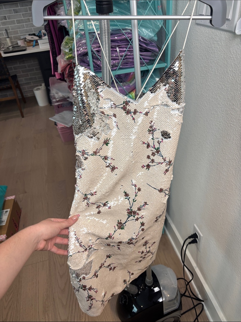 Sequin Floral Slip Dress in Cream